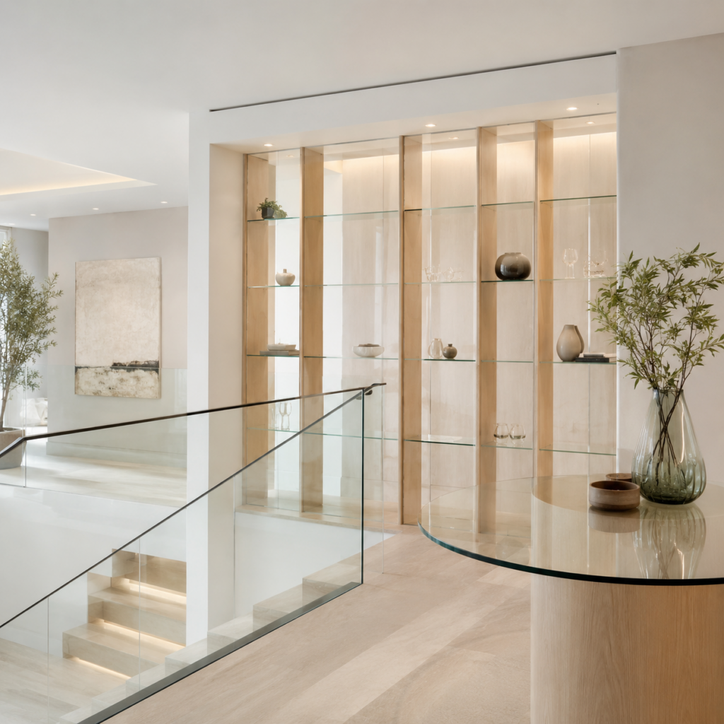 Aménagement intérieur moderne avec garde-corps en verre, étagères vitrées et table en verre.
