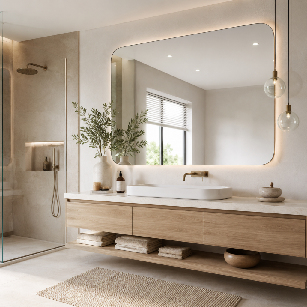 Grand miroir mural dans une salle de bain moderne aux tons clairs et naturels.