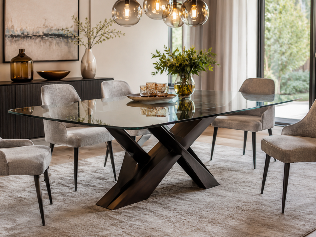 Table de salle à manger avec plateau en verre dans un intérieur moderne et chaleureux.